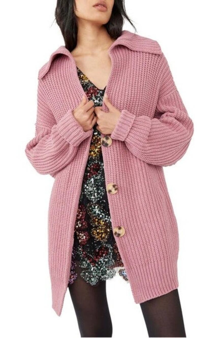 Free People Swim Too Deep Cardigan Smoked Pink Knit Seater Oversized Small Rose